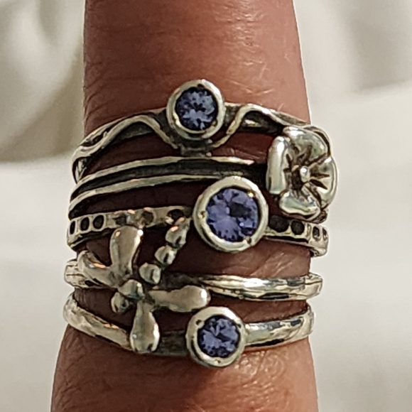 PAZ Israel sterling silver Dragonfly flower multi band Layer purple stones 7.5 - Picture 4 of 10